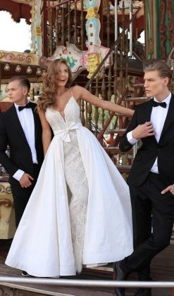 Tarik Ediz - 50452 Bedazzled Deep V-neck Dress With Overskirt