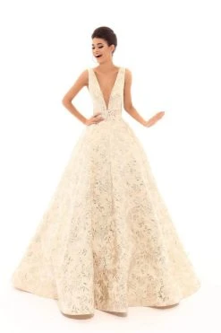 Formal Gowns Tarik Ediz - 50457 Embroidered Deep V-neck Ballgown
