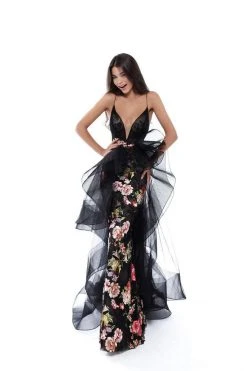 Formal Gowns Tarik Ediz - 50458 Floral Embroidered Plunging Evening Dress
