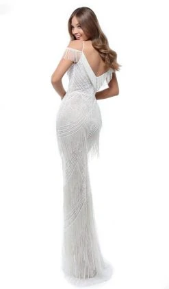 Tarik Ediz - 50469 Fringe And Lace Deep V-neck Sheath Dress