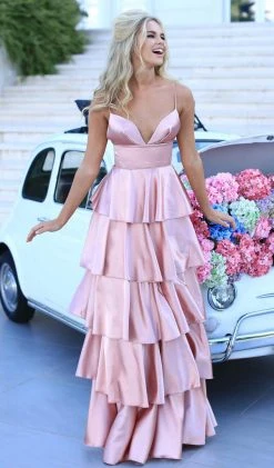 Formal Gowns Tarik Ediz - 50470 Plunging V-Neck Tiered A-Line Evening Gown