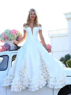 Tarik Ediz - 50472 Plunging Off-Shoulder Taffeta Ruffled Ballgown Formal Gowns