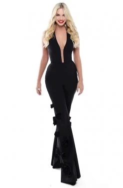 Plus Size Dresses Tarik Ediz - 50480 Plunging V-Neck Rosette Detailed Jumpsuit