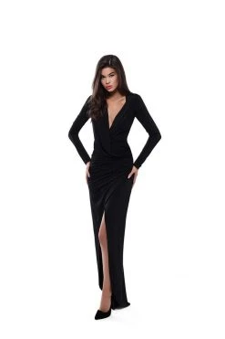 Tarik Ediz - 50529 Long Sleeve Draped Surplice Jersey Gown
