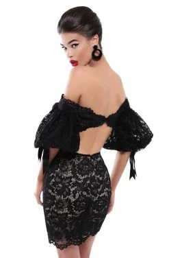 Tarik Ediz - 50533 Puffed Sleeve Off Shoulder Lace Sheath Dress Cocktail Dresses