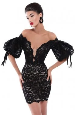 Tarik Ediz - 50533 Puffed Sleeve Off Shoulder Lace Sheath Dress Cocktail Dresses