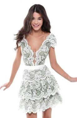 Tarik Ediz - 50545 Allover Lace Illusion Plunging Neck Cocktail Dress Cocktail Dresses