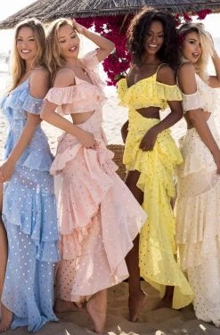 Tarik Ediz - 50622 Tiered Ruffles Dots Chiffon Cold Shoulder Dress Formal Gowns