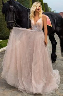 Formal Gowns Tarik Ediz - 50624 Rhinestone Dotted Tulle Plunging Gown