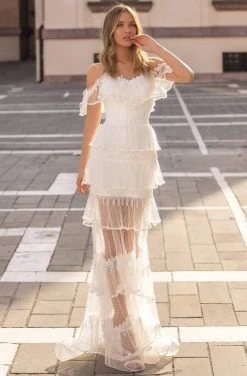 Formal Gowns Tarik Ediz - 50625 Cold Shoulders Tiered Ruffle Sheer Tulle Dress