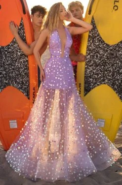 Tarik Ediz - 50627 Halter Neck Hologram Sequin Tulle Prom Dress