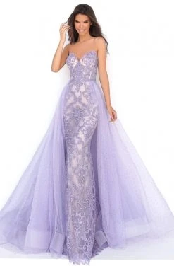 Formal Gowns Tarik Ediz - 50636 V Neck Appliqued Gown With Stone Studded Overskirt