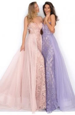 Formal Gowns Tarik Ediz - 50636 V Neck Appliqued Gown With Stone Studded Overskirt