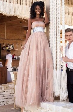 Formal Gowns Tarik Ediz - 50637 Sequin Banded Midriff Hologram Tulle Strapless Gown