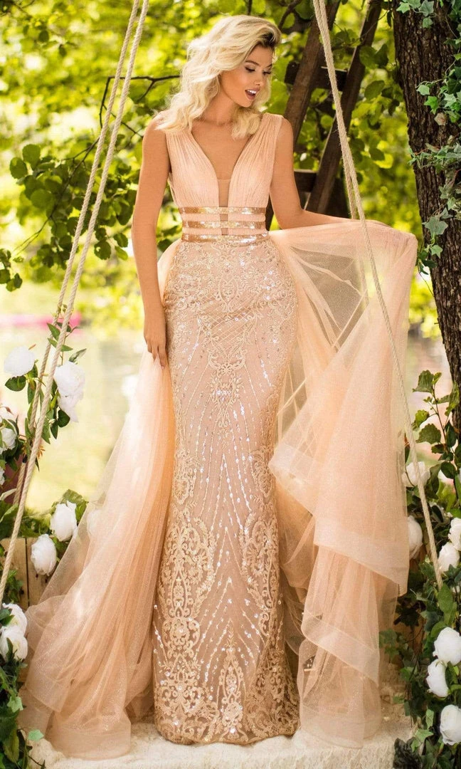 Tarik Ediz - 50643 Beaded Embroidered Sheath Gown With Overskirt Formal Gowns 3 Tarik Ediz - 50643 Beaded Embroidered Sheath Gown With Overskirt Formal Gowns