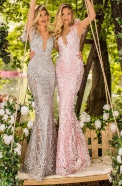 Tarik Ediz - 50652 Embroidered Deep V-neck Trumpet Dress Formal Gowns