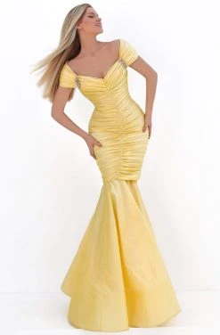 Formal Gowns Tarik Ediz - 50656 Short Sleeve Shirred Taffeta Trumpet Gown