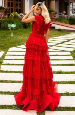 Tarik Ediz - 50658 Cap Sleeve Ruffle-Trimmed Tiered A-Line Gown