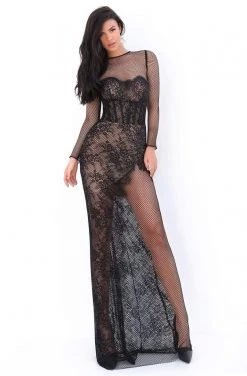 Formal Gowns Tarik Ediz - 50673 Long Sleeve Fishnet Draped Lace Gown