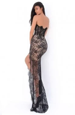 Formal Gowns Tarik Ediz - 50673 Long Sleeve Fishnet Draped Lace Gown