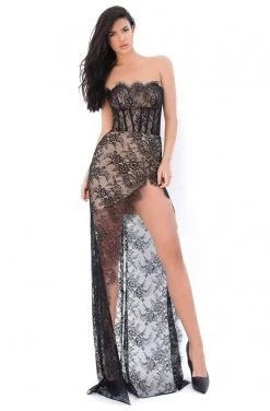 Formal Gowns Tarik Ediz - 50673 Long Sleeve Fishnet Draped Lace Gown