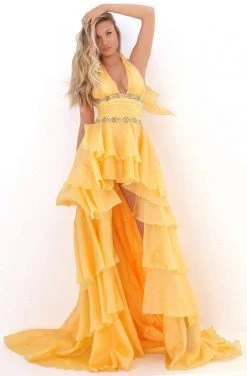 Formal Gowns Tarik Ediz - 50676 Embellished Halter V-neck High Low A-line Dress