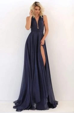Tarik Ediz - 50678 Shirred Plunging Halter Chiffon A-Line Gown