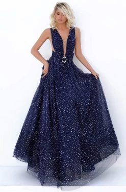 Tarik Ediz - 50694 Plunging V-Neck Stone Ornate Tulle Gown Formal Gowns