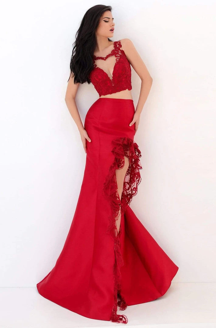 Tarik Ediz - 50696 Two-Piece Ruffle Lace Trimmed High Slit Gown Formal Gowns 3 Tarik Ediz - 50696 Two-Piece Ruffle Lace Trimmed High Slit Gown Formal Gowns
