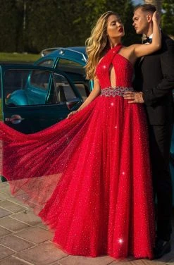 Formal Gowns Tarik Ediz - 50710 Embellished Cross Halter A-line Dress