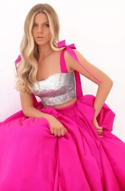 Tarik Ediz - 50735 Sequin Crop Top Bow Tie Strap Two-Piece Ballgown Formal Gowns