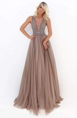 Tarik Ediz - 50740 Sexy V-Neck Bejeweled A-Line Dress