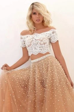 Tarik Ediz - 50743 Off Shoulder Lace Peal Beaded Two-Piece Prom Dress Formal Gowns 9 Tarik Ediz - 50743 Off Shoulder Lace Peal Beaded Two-Piece Prom Dress Formal Gowns