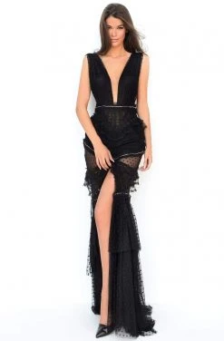 Formal Gowns Tarik Ediz - 50761 Plunging Bodice Lace Trimmed High Slit Gown