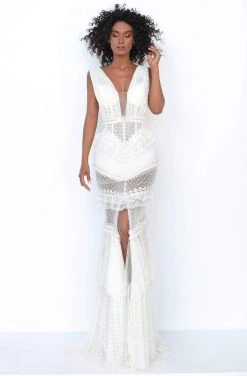 Formal Gowns Tarik Ediz - 50761 Plunging Bodice Lace Trimmed High Slit Gown