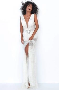 Formal Gowns Tarik Ediz - 50761 Plunging Bodice Lace Trimmed High Slit Gown