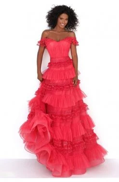 Formal Gowns Tarik Ediz - 50762 Embroidered Off-Shoulder Ruffled A-line Dress