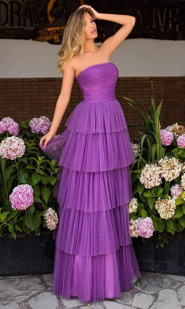 Formal Gowns Tarik Ediz - 50768 Strapless Straight Neck Tiered A-line Dress 6 Formal Gowns Tarik Ediz - 50768 Strapless Straight Neck Tiered A-line Dress