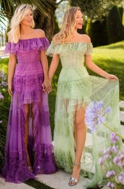 Tarik Ediz - 50777 Ruffle Off Shoulder Sheer High-Low Dress