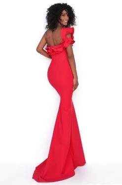 Tarik Ediz - 50778 One Shoulder Ruffle Accent High Slit Sheath Dress