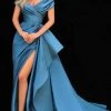 Formal Gowns Tarik Ediz - 51121 Ruched Off-shoulder With High Slit Long Gown - 1 Pc County Blue In Size 14 Available 1 Formal Gowns Tarik Ediz - 51121 Ruched Off-shoulder With High Slit Long Gown - 1 Pc County Blue In Size 14 Available