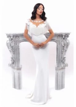 Formal Gowns Tarik Ediz - 93345 Floral Applique Fringe Cape Sheath Dress