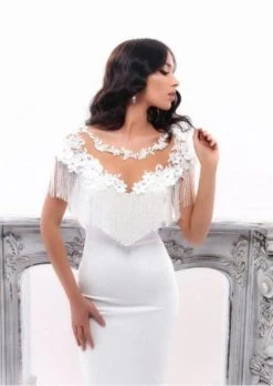 Formal Gowns Tarik Ediz - 93345 Floral Applique Fringe Cape Sheath Dress