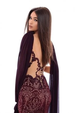Formal Gowns Tarik Ediz - 93435 Lace V-neck Sheath Dress With Shawl