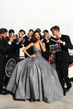 Formal Gowns Tarik Ediz - 93479 Crystal Embellished Plunging Glitter Ballgown