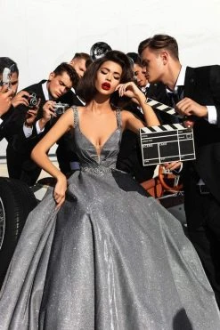 Formal Gowns Tarik Ediz - 93479 Crystal Embellished Plunging Glitter Ballgown