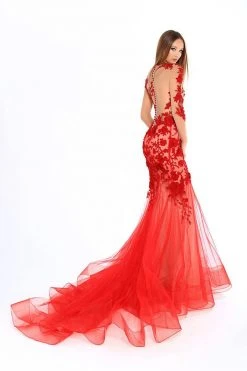 Tarik Ediz - 93601 Floral Embroidered Sheer Long Sleeve Mermaid Dress Formal Gowns