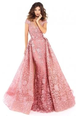 Tarik Ediz - 93613 Floral Lace Fitted Gown With Skirt Overlay