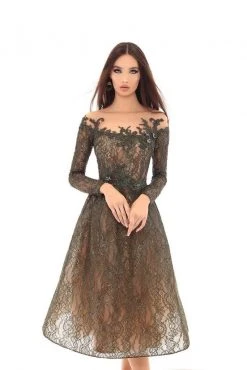 Tarik Ediz - 93619 Lace Applique Long Sleeve A-line Dress Cocktail Dresses