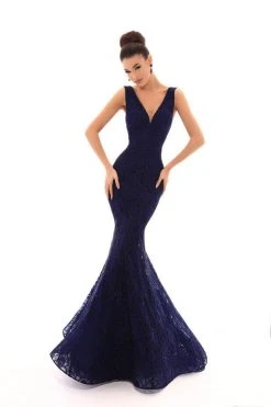 Tarik Ediz - 93620 Sleeveless V Neck Lace Mermaid Gown Formal Gowns